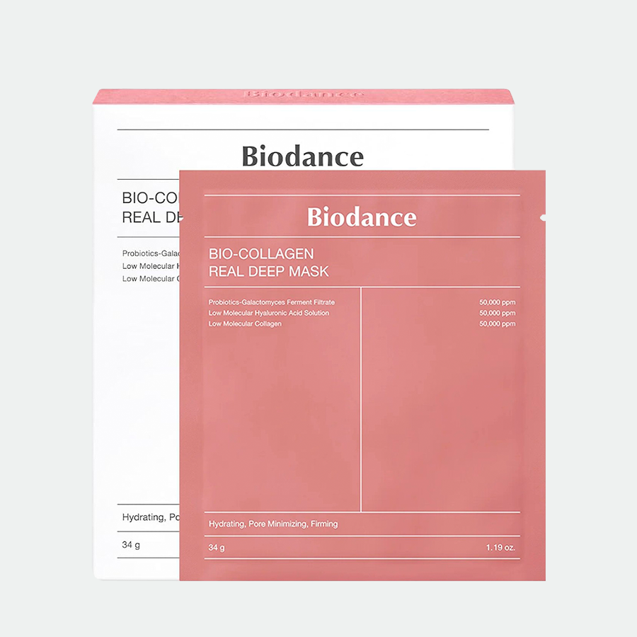 Mascarilla Bio-Collagen Real Deep Mask con colágeno y ácido hialurónico para hidratar y mejorar la elasticidad de la piel.