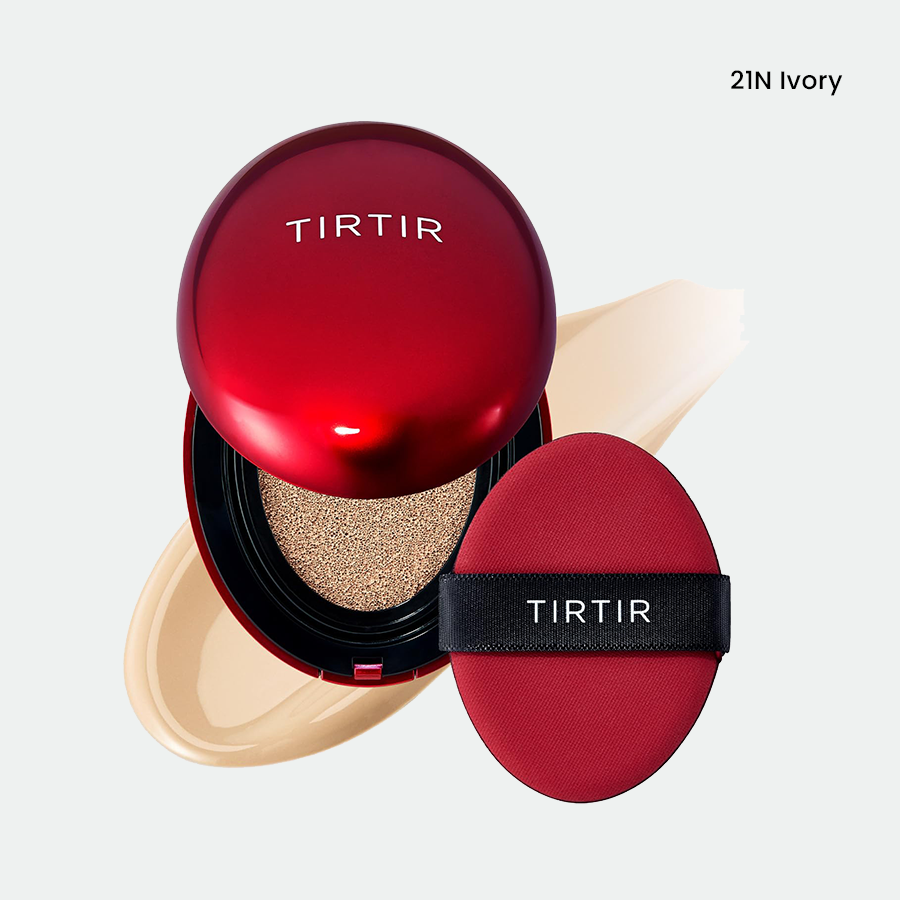 Cushion de alta cobertura Tirtir Mask Fit Red con niacinamida y propóleo, acabado mate y protección solar SPF 40, disponible en tamaños de 18 g y 4.5 g.