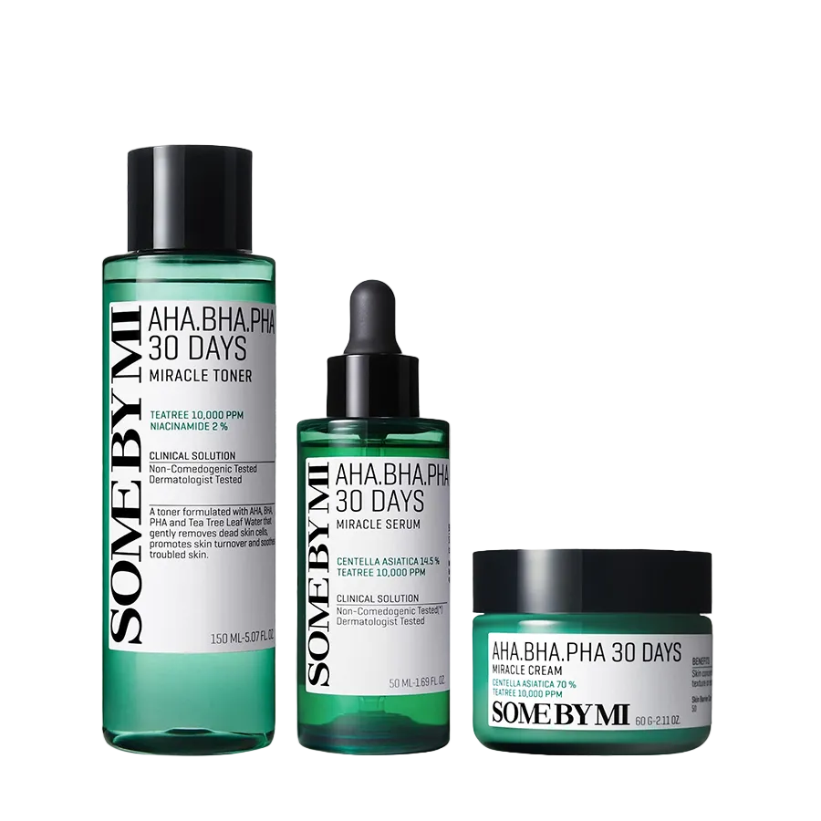 Centella 30 Days Miracle Kit de Some By Mi, tratamiento anti acné con AHA, BHA, PHA y Centella Asiática para combatir granos y reducir puntos negros.