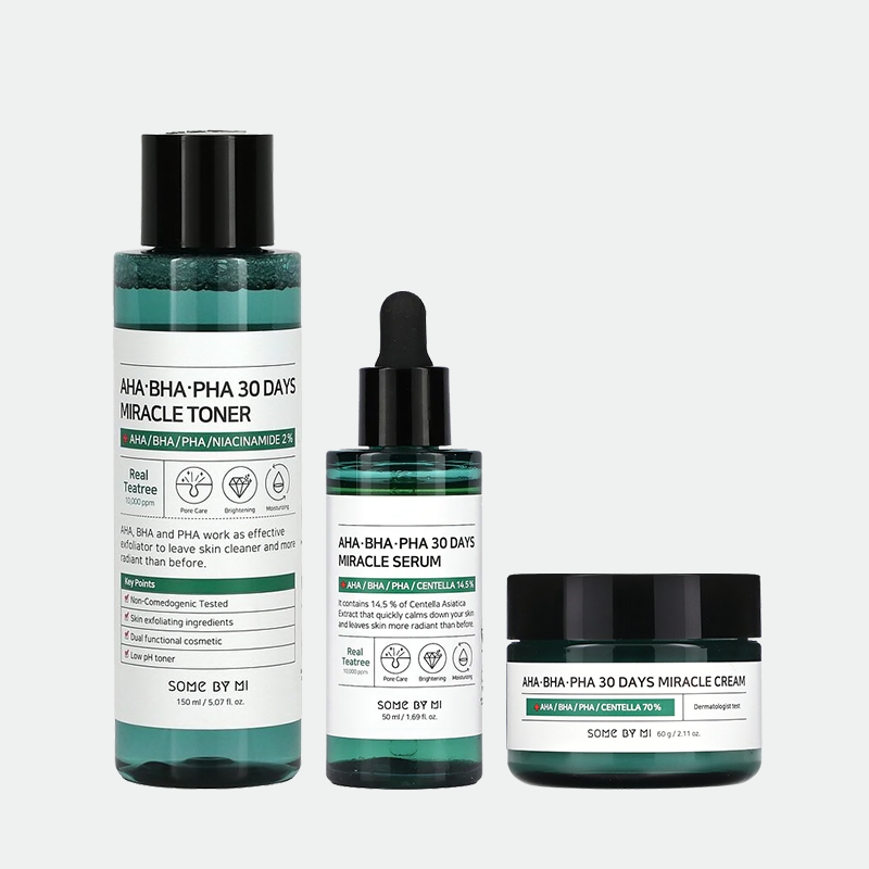 Centella 30 Days Miracle Kit de Some By Mi, tratamiento anti acné con AHA, BHA, PHA y Centella Asiática para combatir granos y reducir puntos negros.