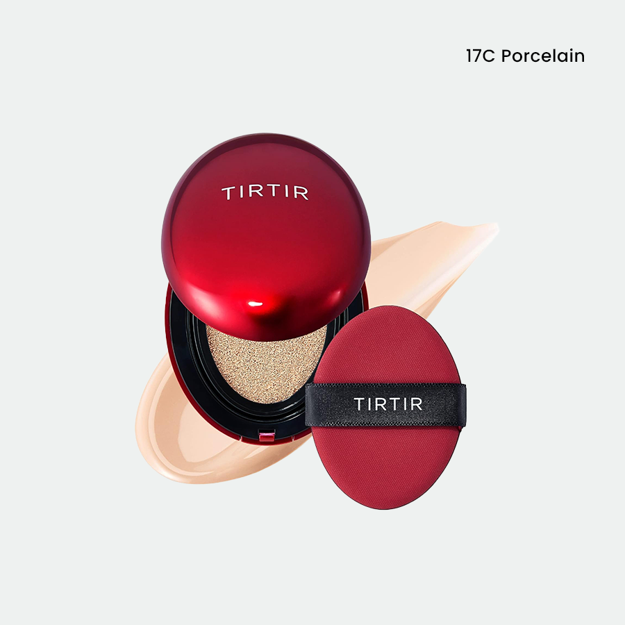 Cushion de alta cobertura Tirtir Mask Fit Red con niacinamida y propóleo, acabado mate y protección solar SPF 40, disponible en tamaños de 18 g y 4.5 g.