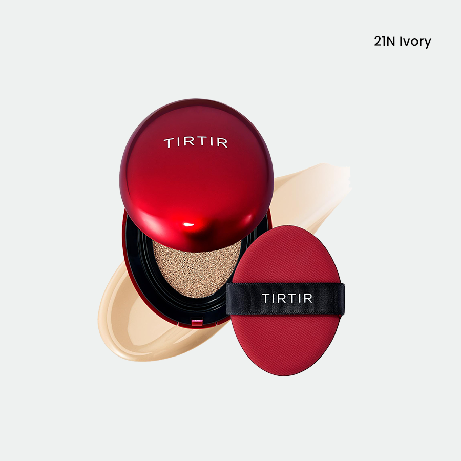 Cushion de alta cobertura Tirtir Mask Fit Red con niacinamida y propóleo, acabado mate y protección solar SPF 40, disponible en tamaños de 18 g y 4.5 g.