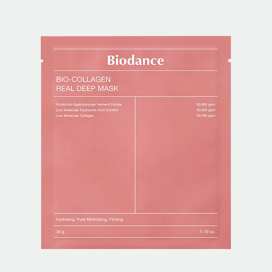 Mascarilla Bio-Collagen Real Deep Mask con colágeno y ácido hialurónico para hidratar y mejorar la elasticidad de la piel.