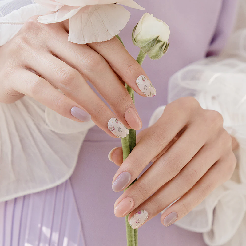 Cottagecore | Tiras de gel para uñas (Tono lila, rosa y blanco con flores)