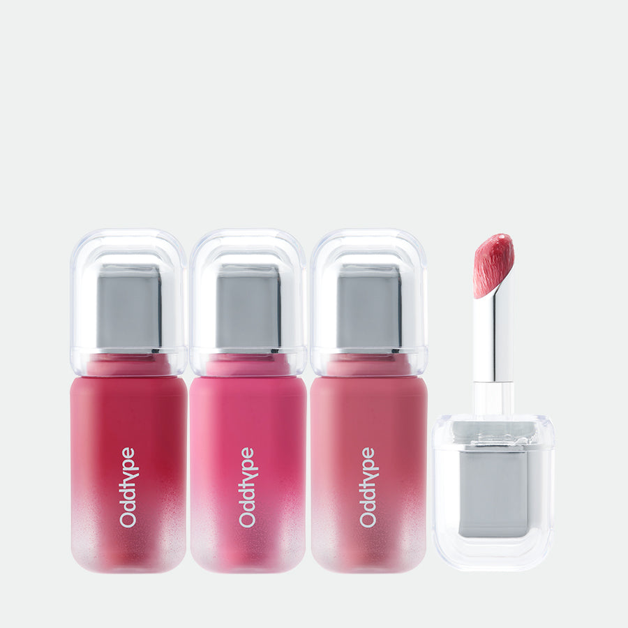 Tinta para labios Oddtype Unseen Balloon Tint en tonos rojo terracota, rosa berry, y nude rosado, ideal para un look coreano vibrante y duradero.